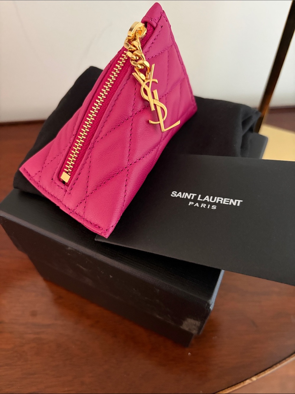 Saint Laurent Fuchsia Quilted Leather Coin Pouch with Gold YSL Charm